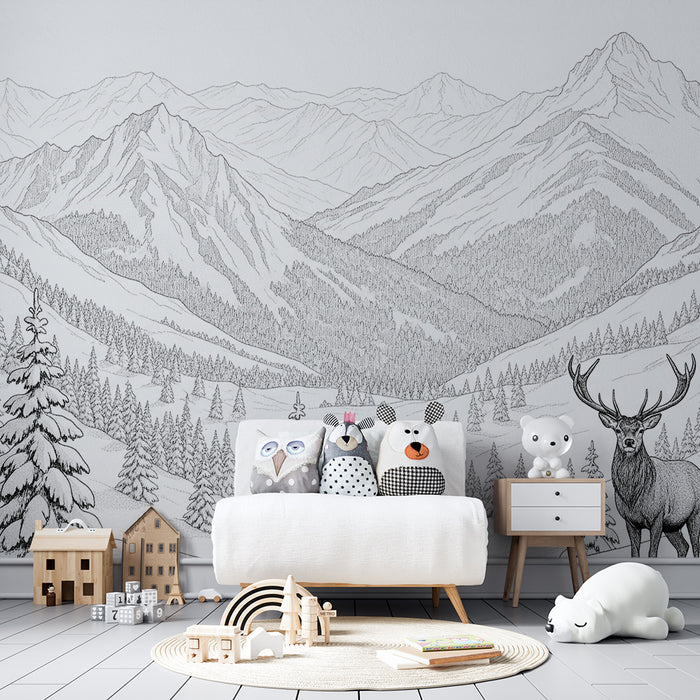 Kinderzimmer-Tapete | Winterlandschaft mit Hirsch und majestätischen Bergen