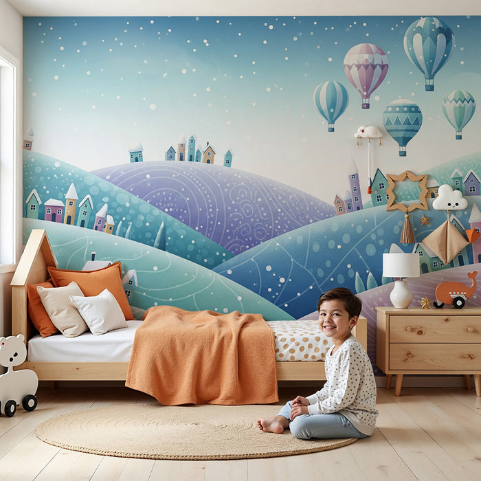 Carta da parati bambini | Paesaggio invernale con case colorate e mongolfiere