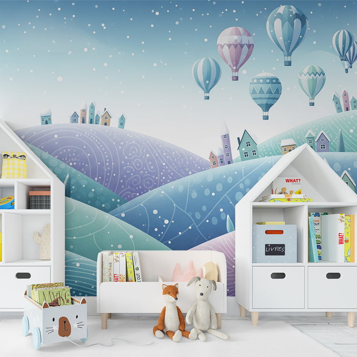Carta da parati bambini | Paesaggio invernale con case colorate e mongolfiere