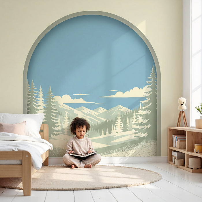 Behang kinderkamer | Winterlandschap met bergen en chalet