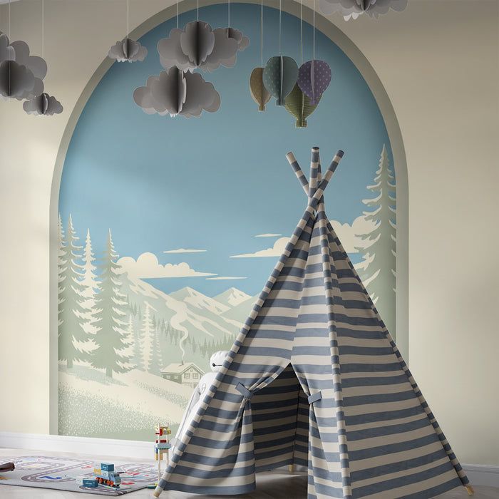 Behang kinderkamer | Winterlandschap met bergen en chalet