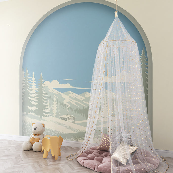 Behang kinderkamer | Winterlandschap met bergen en chalet
