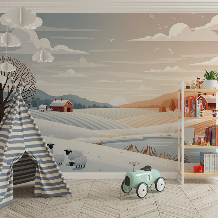 **Tapete Kinderzimmer | Winterlandschaft mit Schafen und Bauernhof**