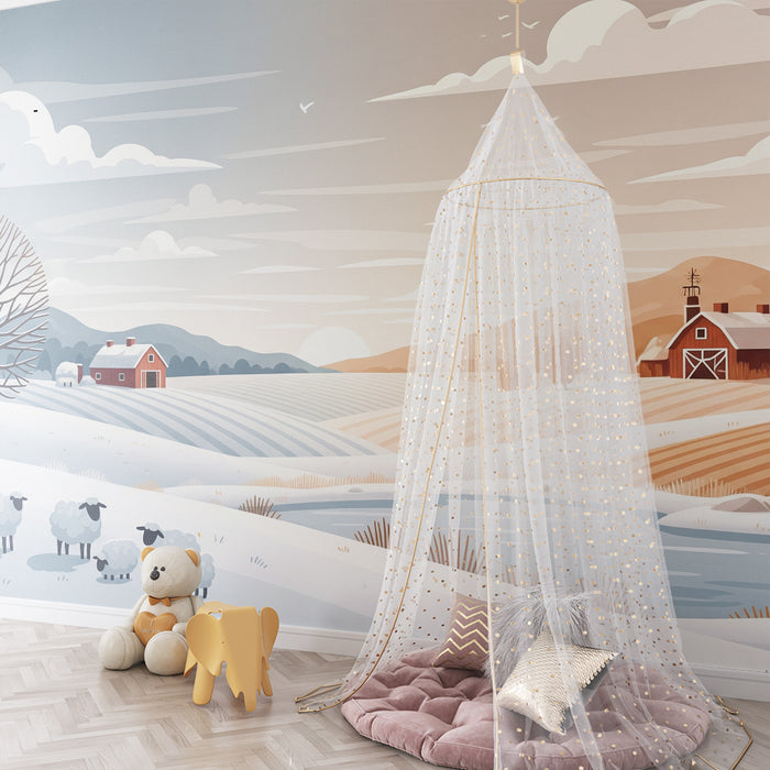 **Tapete Kinderzimmer | Winterlandschaft mit Schafen und Bauernhof**