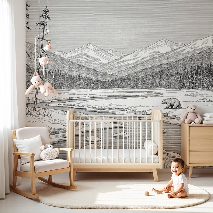 Kinderzimmer-Tapete | Winterlandschaft mit Bären und majestätischen Bergen