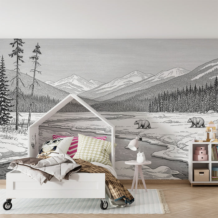 Kinderzimmer-Tapete | Winterlandschaft mit Bären und majestätischen Bergen