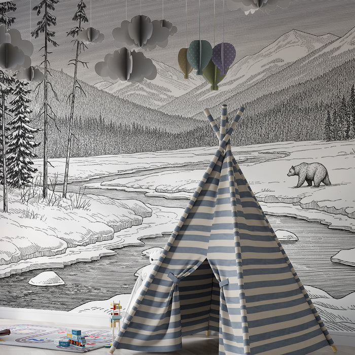 Kinderzimmer-Tapete | Winterlandschaft mit Bären und majestätischen Bergen