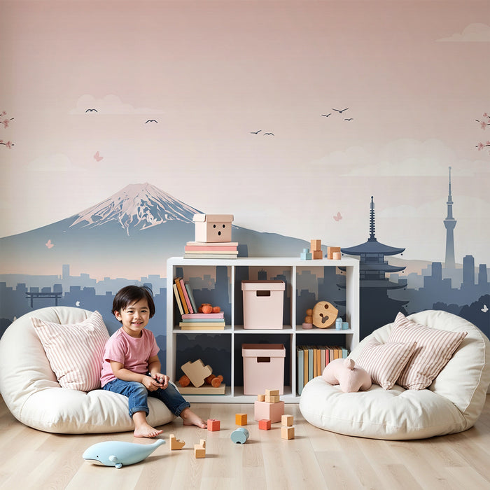 Papel de parede para quarto infantil | Paisagem japonesa com cerejeiras e Monte Fuji