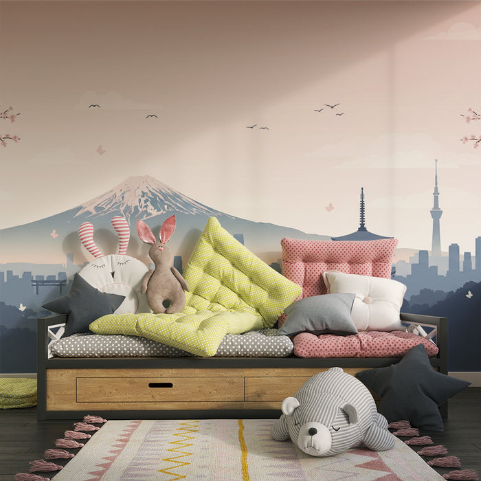 Papel de parede para quarto infantil | Paisagem japonesa com cerejeiras e Monte Fuji