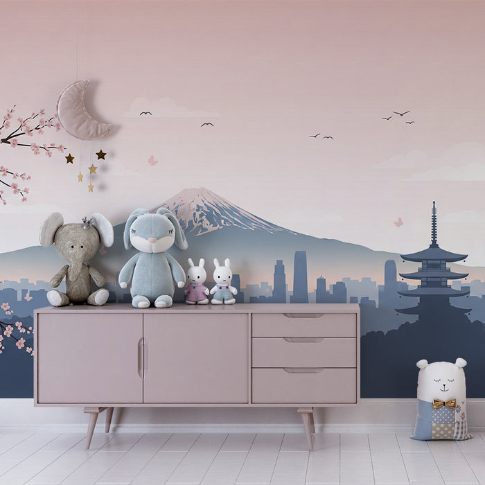 Papel de parede para quarto infantil | Paisagem japonesa com cerejeiras e Monte Fuji