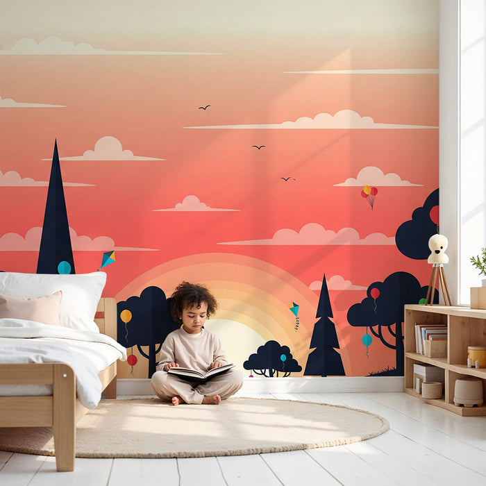 Papel pintado infantil | Paisaje alegre con cometas y globos de colores
