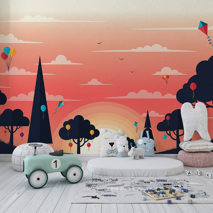 Papel pintado infantil | Paisaje alegre con cometas y globos de colores