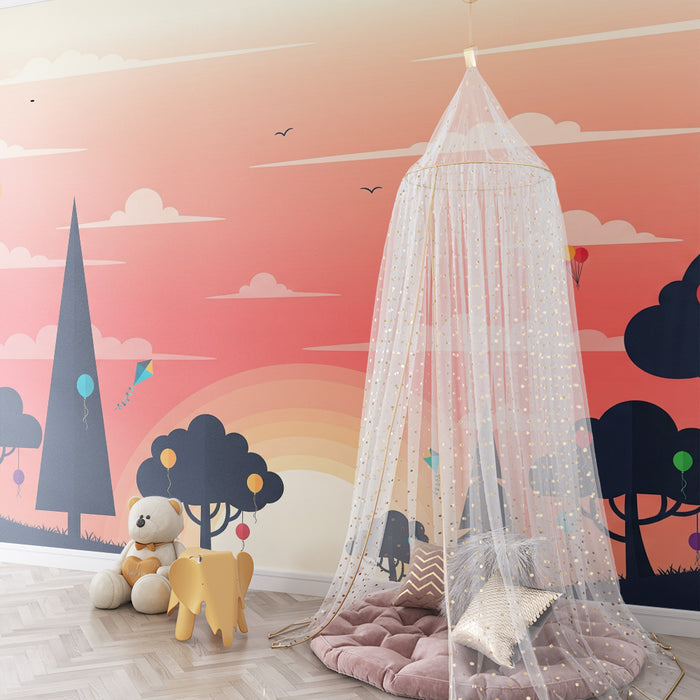 Papel pintado infantil | Paisaje alegre con cometas y globos de colores