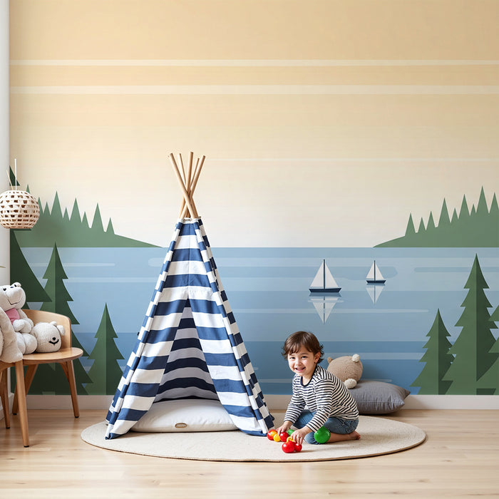 Papier peint chambre enfant | Paysage lacustre avec voiliers et sapins