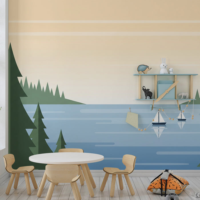 Papier peint chambre enfant | Paysage lacustre avec voiliers et sapins