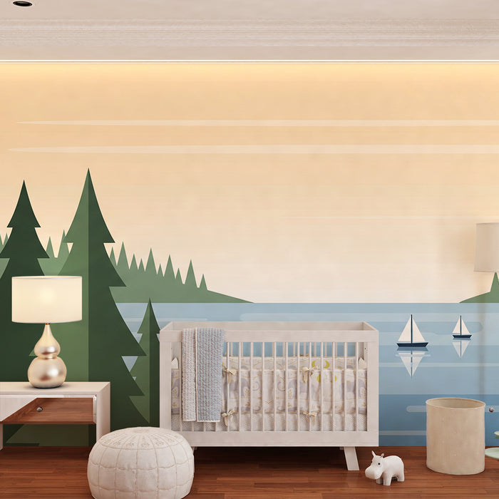 Papier peint chambre enfant | Paysage lacustre avec voiliers et sapins