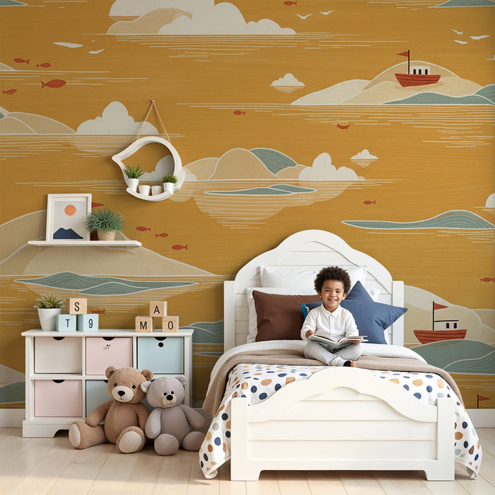 Papier peint chambre enfant | Paysage marin avec bateaux et îles colorées