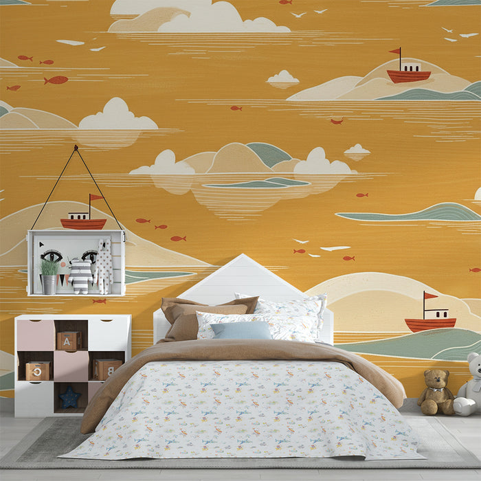 Papier peint chambre enfant | Paysage marin avec bateaux et îles colorées