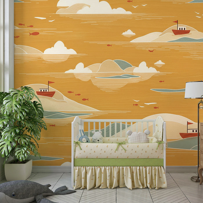 Papier peint chambre enfant | Paysage marin avec bateaux et îles colorées