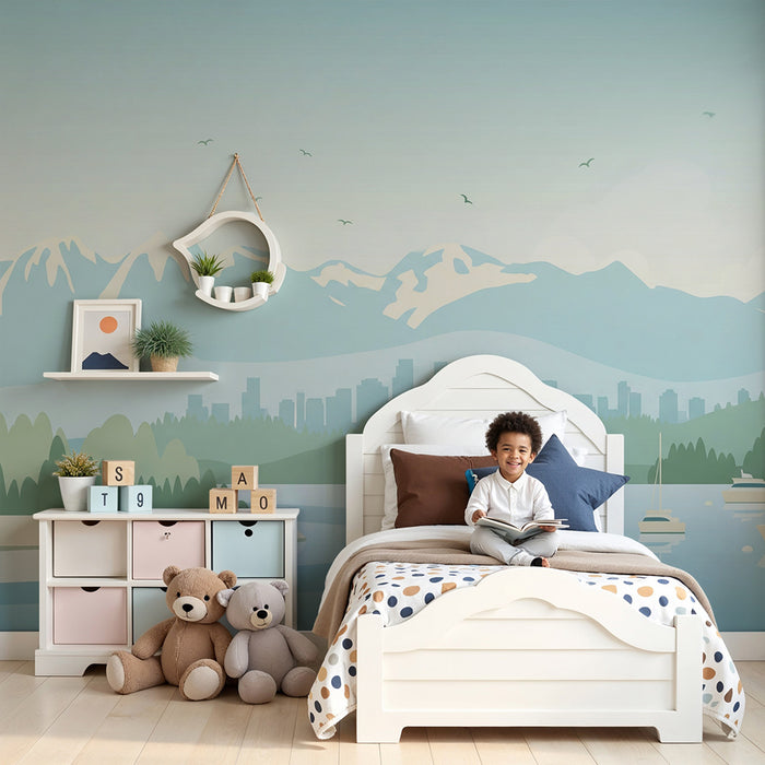 Papier peint chambre enfant | Paysage marin avec montagnes et voiliers
