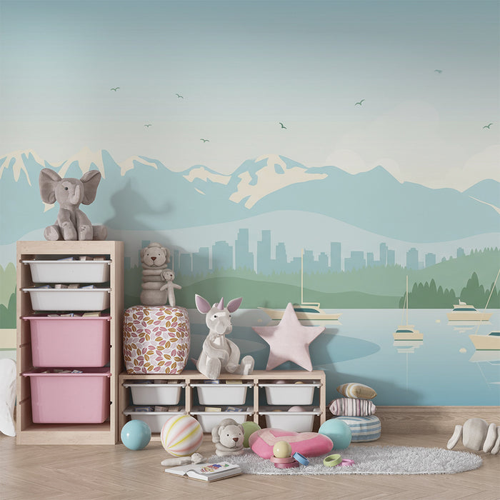Papier peint chambre enfant | Paysage marin avec montagnes et voiliers