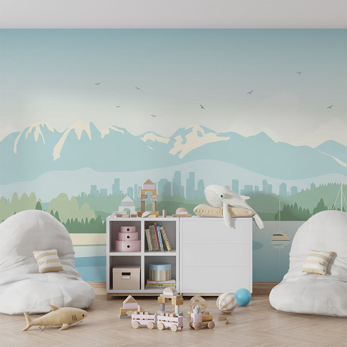Papier peint chambre enfant | Paysage marin avec montagnes et voiliers