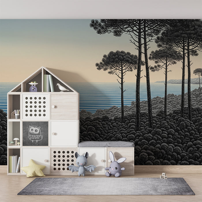 Papel de parede criança | Paisagem marinha com pinheiros e ondas calmantes
