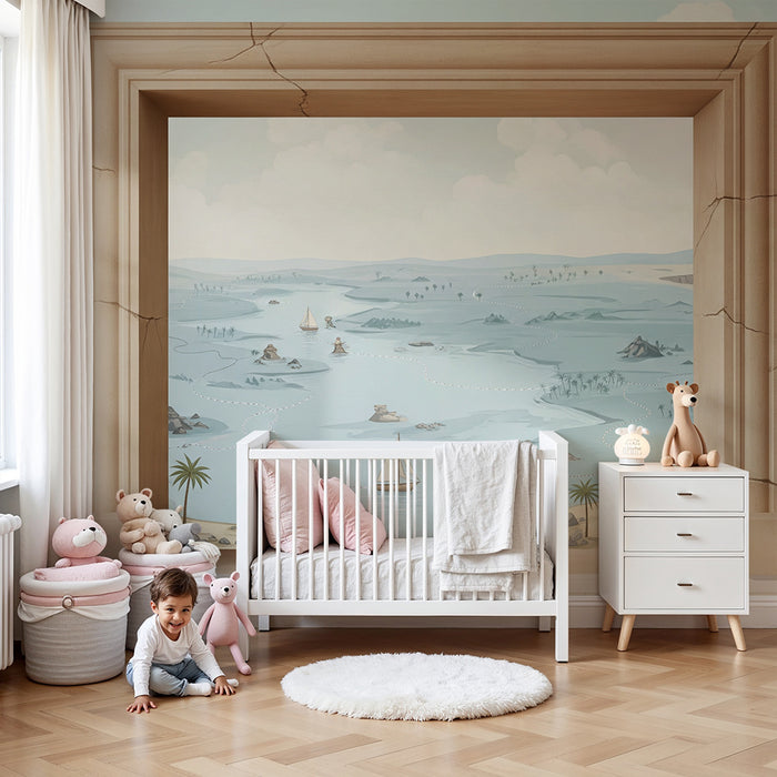 Papier peint chambre enfant | Paysage marin avec voiliers et palmiers