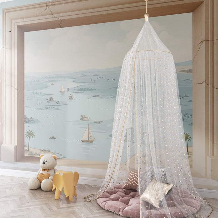 Papier peint chambre enfant | Paysage marin avec voiliers et palmiers