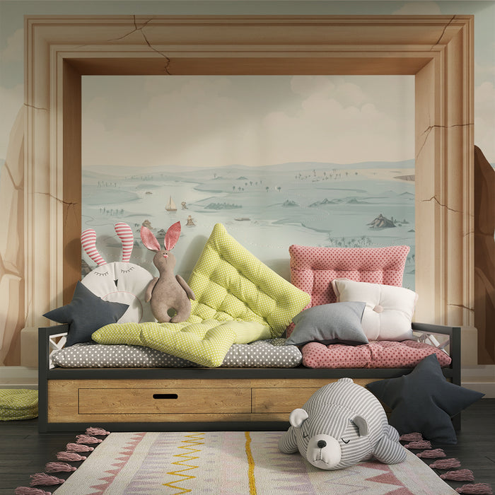 Papier peint chambre enfant | Paysage marin avec voiliers et palmiers