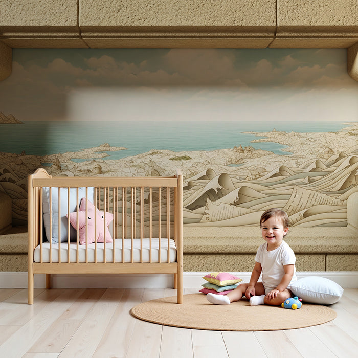 Papel de parede infantil | Paisagem marinha encantadora com ondas e costa