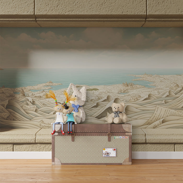 Papel de parede infantil | Paisagem marinha encantadora com ondas e costa