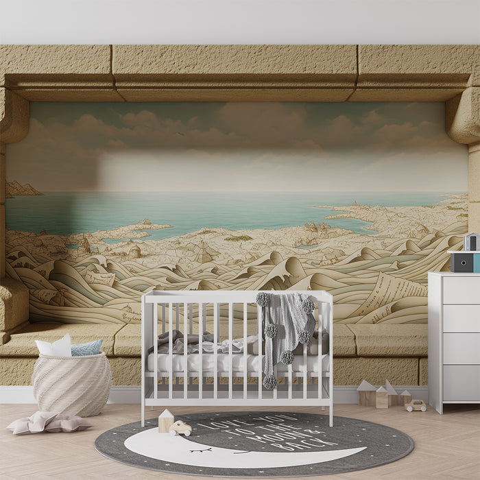 Papel de parede infantil | Paisagem marinha encantadora com ondas e costa