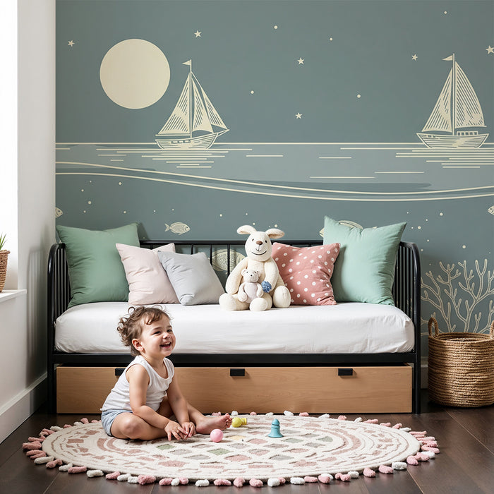 Papel de parede para quarto infantil | Paisagem marinha noturna com veleiros e corais