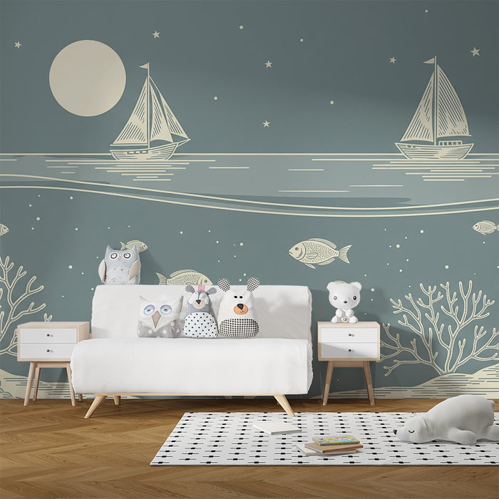 Papel de parede para quarto infantil | Paisagem marinha noturna com veleiros e corais