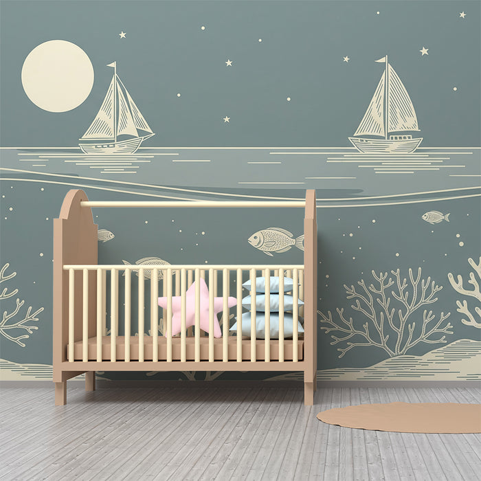 Papel de parede para quarto infantil | Paisagem marinha noturna com veleiros e corais