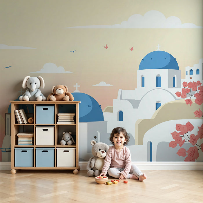 Tapete Kinderzimmer | Mediterrane Landschaft mit blauen Kuppeln und Sonnenuntergang