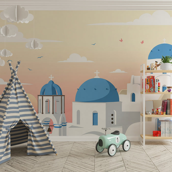 Tapete Kinderzimmer | Mediterrane Landschaft mit blauen Kuppeln und Sonnenuntergang