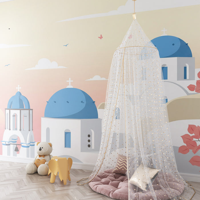 Tapete Kinderzimmer | Mediterrane Landschaft mit blauen Kuppeln und Sonnenuntergang