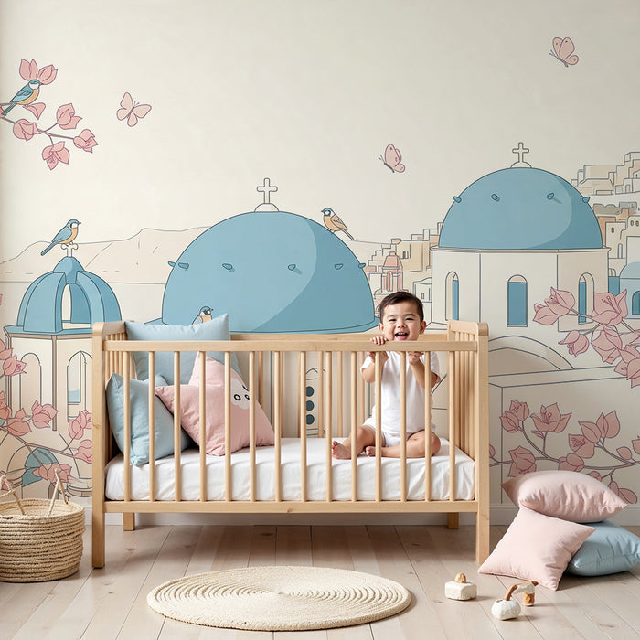 Papier peint chambre enfant | Paysage méditerranéen avec oiseaux et fleurs