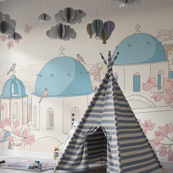 Papier peint chambre enfant | Paysage méditerranéen avec oiseaux et fleurs
