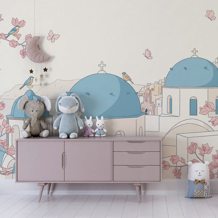 Papier peint chambre enfant | Paysage méditerranéen avec oiseaux et fleurs