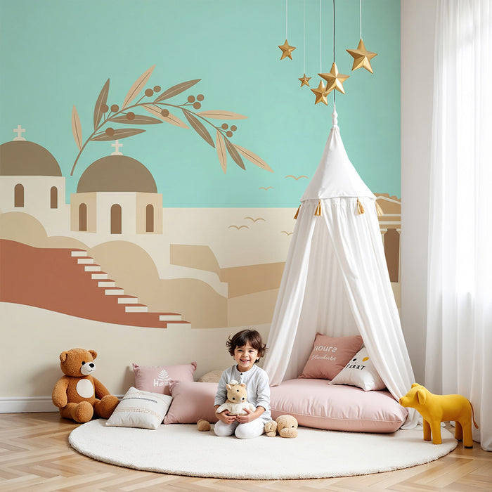 Papel de parede para quarto infantil | Paisagem mediterrânica estilizada com arquitetura emblemática
