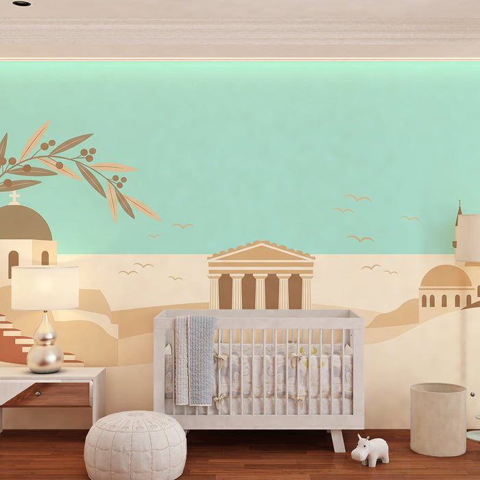 Papel de parede para quarto infantil | Paisagem mediterrânica estilizada com arquitetura emblemática
