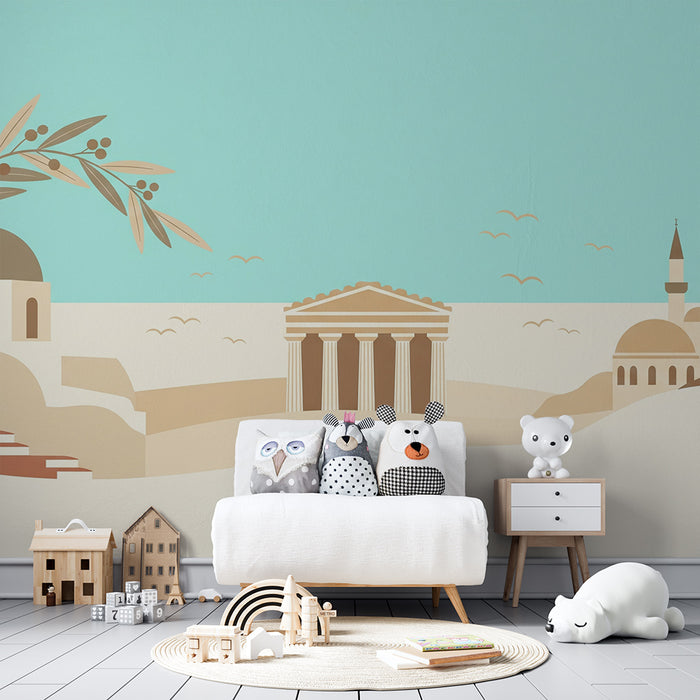 Papel de parede para quarto infantil | Paisagem mediterrânica estilizada com arquitetura emblemática