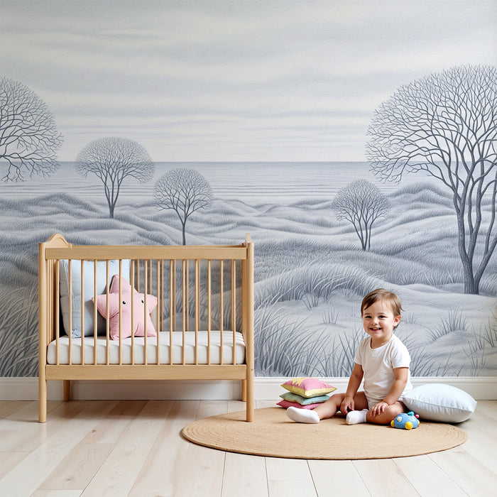 Papel pintado infantil | Paisaje minimalista con árboles y mar en tonos azules