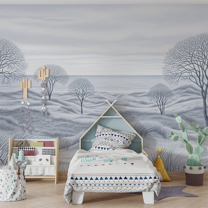 Papel pintado infantil | Paisaje minimalista con árboles y mar en tonos azules