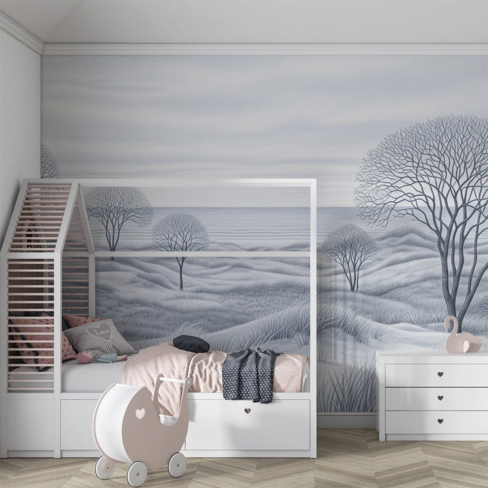 Papel pintado infantil | Paisaje minimalista con árboles y mar en tonos azules