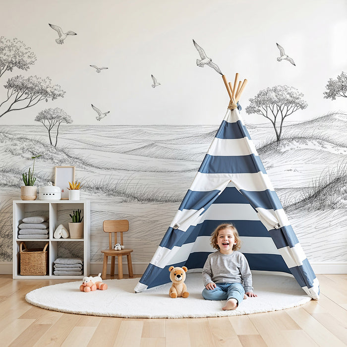 Papel de parede para quarto de criança | Paisagem minimalista com árvores e pássaros em voo