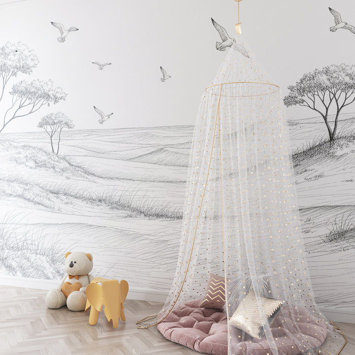 Papel de parede para quarto de criança | Paisagem minimalista com árvores e pássaros em voo